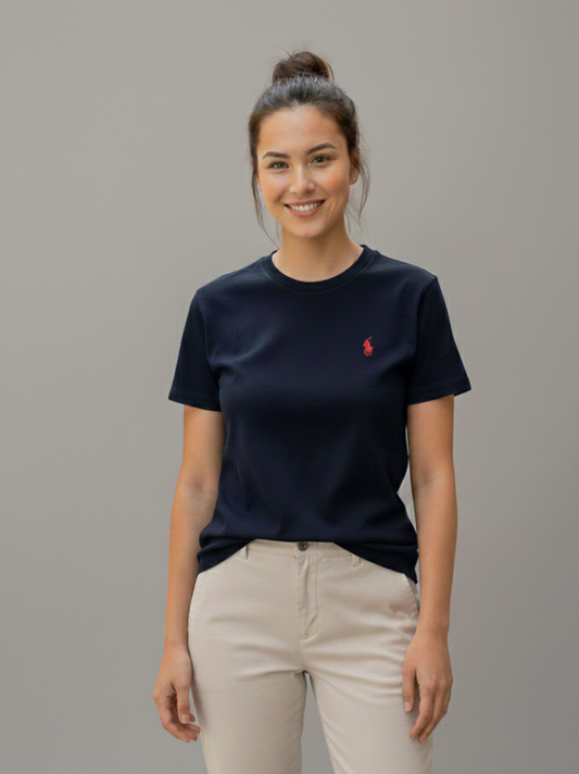 T-shirt Polo Ralph Lauren femme bleu marine en coton – logo Pony rouge brodé