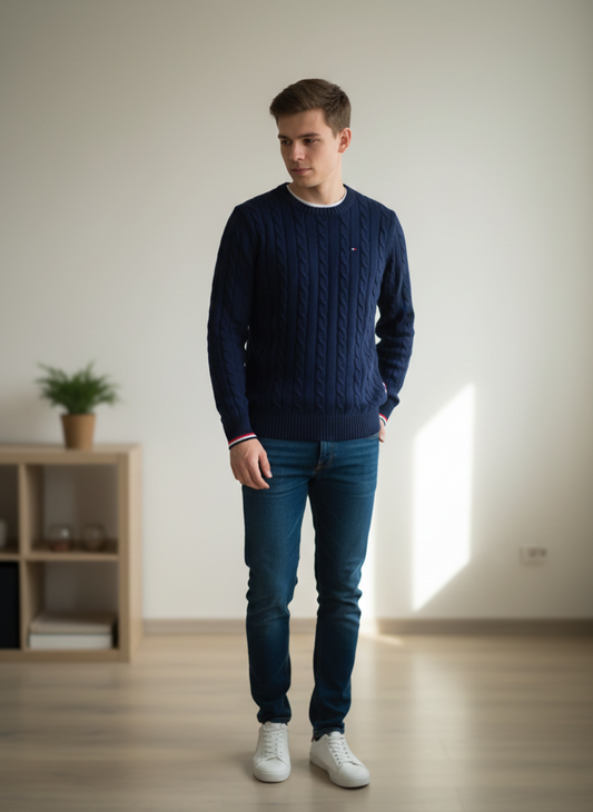 Pull torsadé Tommy Hilfiger en coton organique – Bleu marine