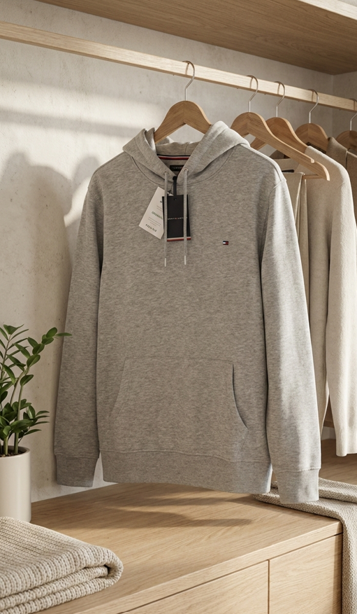 Sweat à Capuche Tommy Hilfiger – Gris Chiné – Logo Brodé