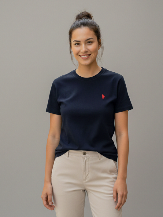 T-shirt Polo Ralph Lauren femme bleu marine en coton – logo Pony rouge brodé